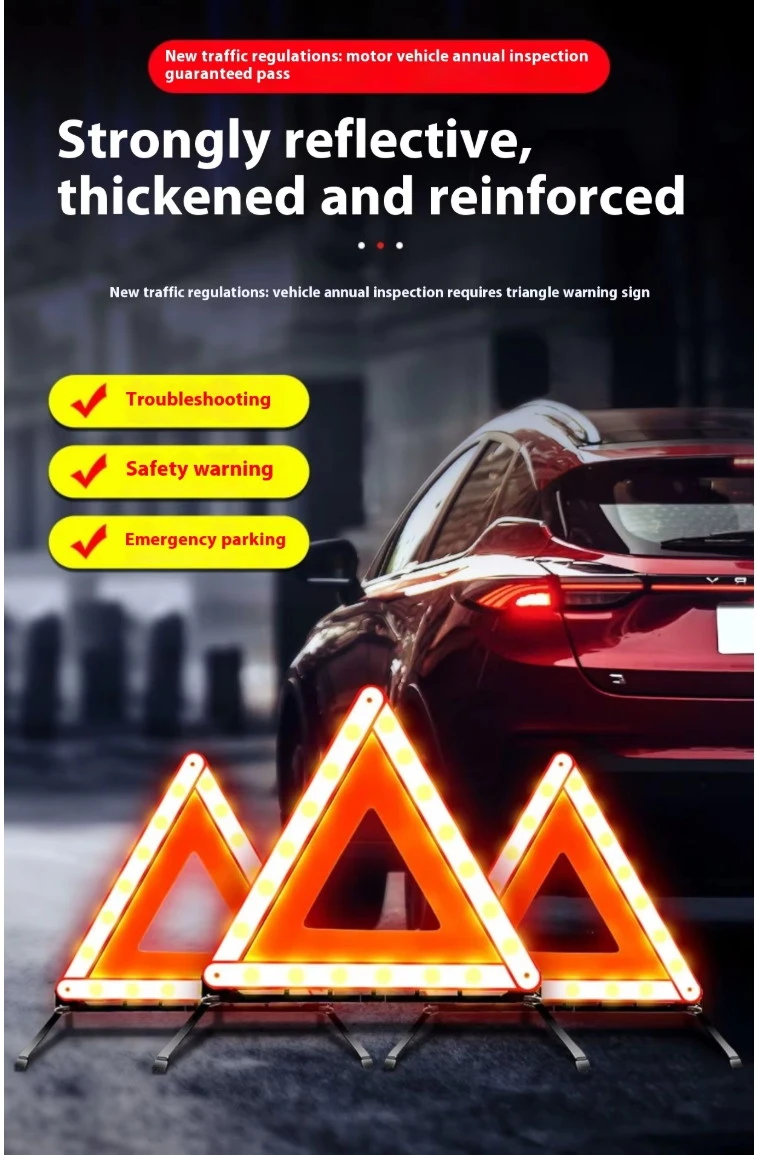Car warning triangle with reflective PVC panel plastic frame and reinforced folding stand Car warning triangle with reflective PVC panel plastic frame and reinforced folding stand