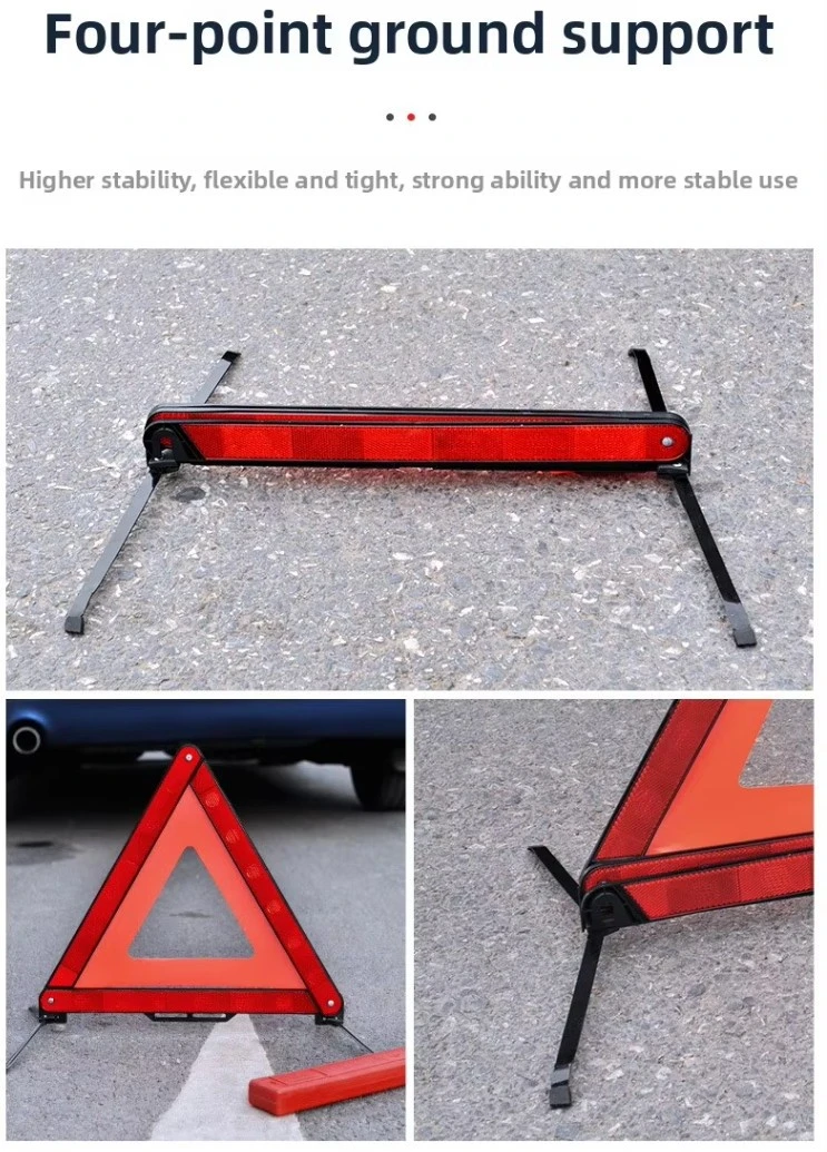 Reflective car warning triangle inspection with flashing light and foldable support legs Reflective car warning triangle inspection with flashing light and foldable support legs